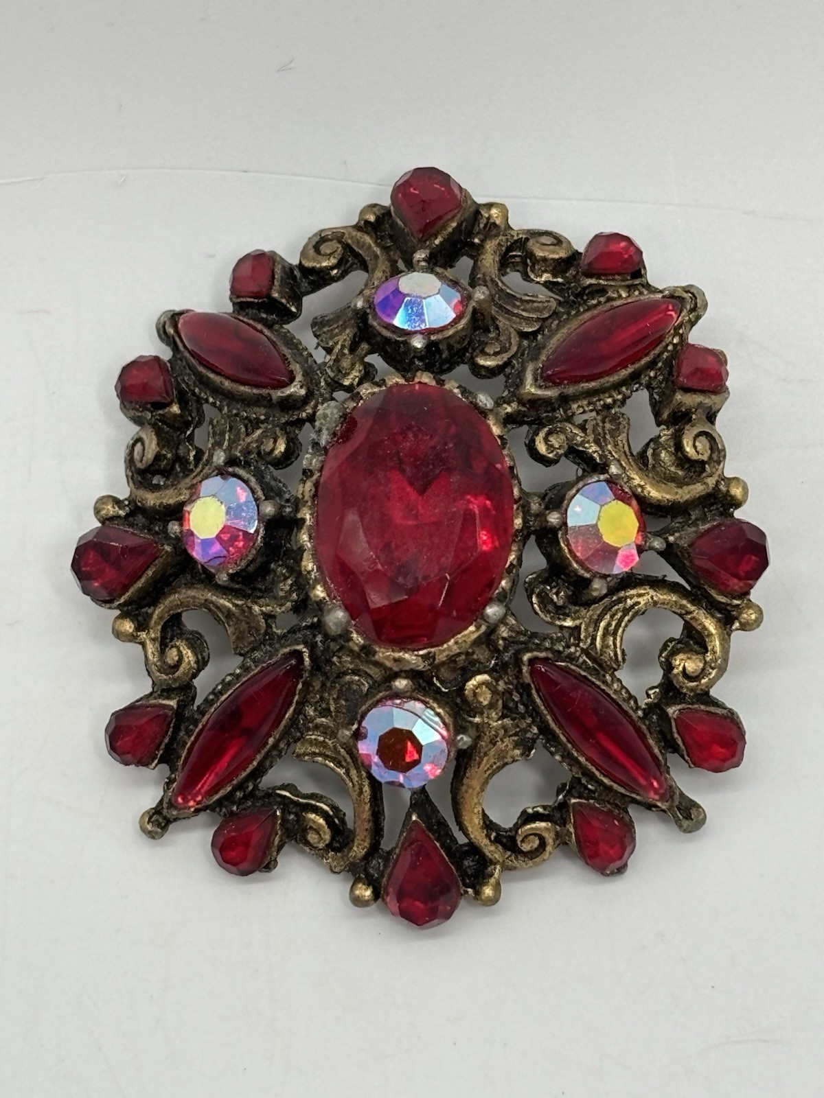 Vintage Red And Iridescent Rhinestone Brooch Antique Gold Tone 2”