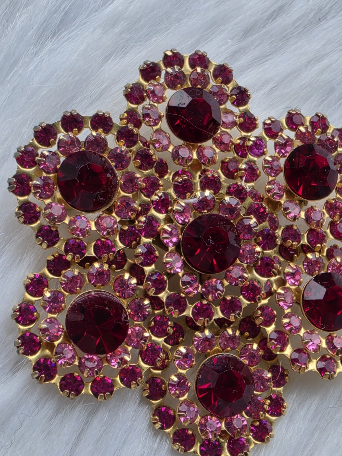 Vintage Mid Century Fuchsia Ruby Red Rhinestone Cluster Flower Brooch Floral