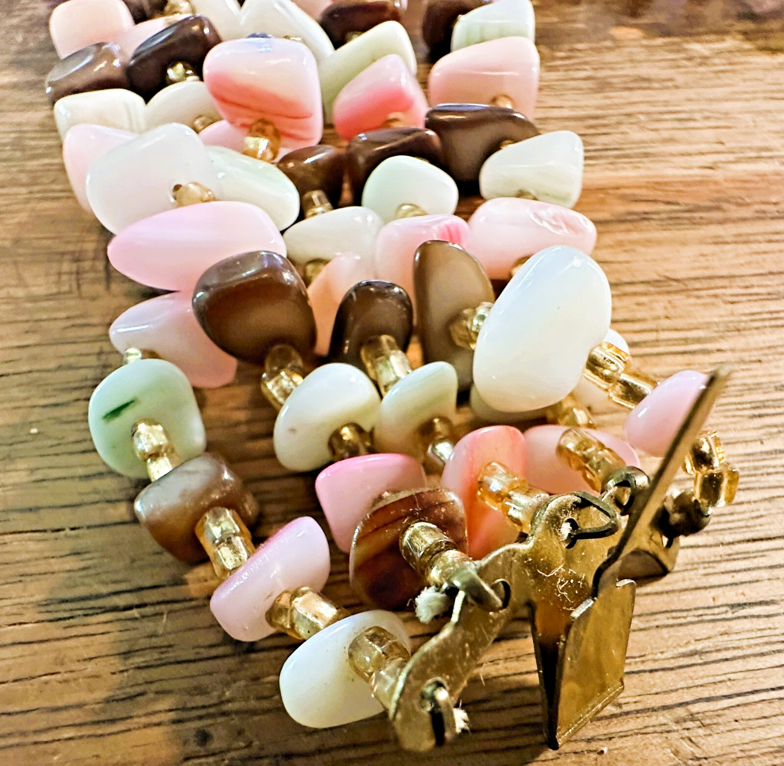 Vintage PUKA Style STONE Necklace 5 STRAND Tiger’s Eye & Pink Rose White Pastels