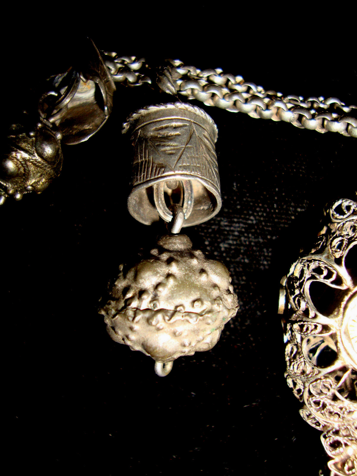 Sterling Silver Etruscan Bali Filigree Fob Charm Rolo Link Double Chain Bracelet