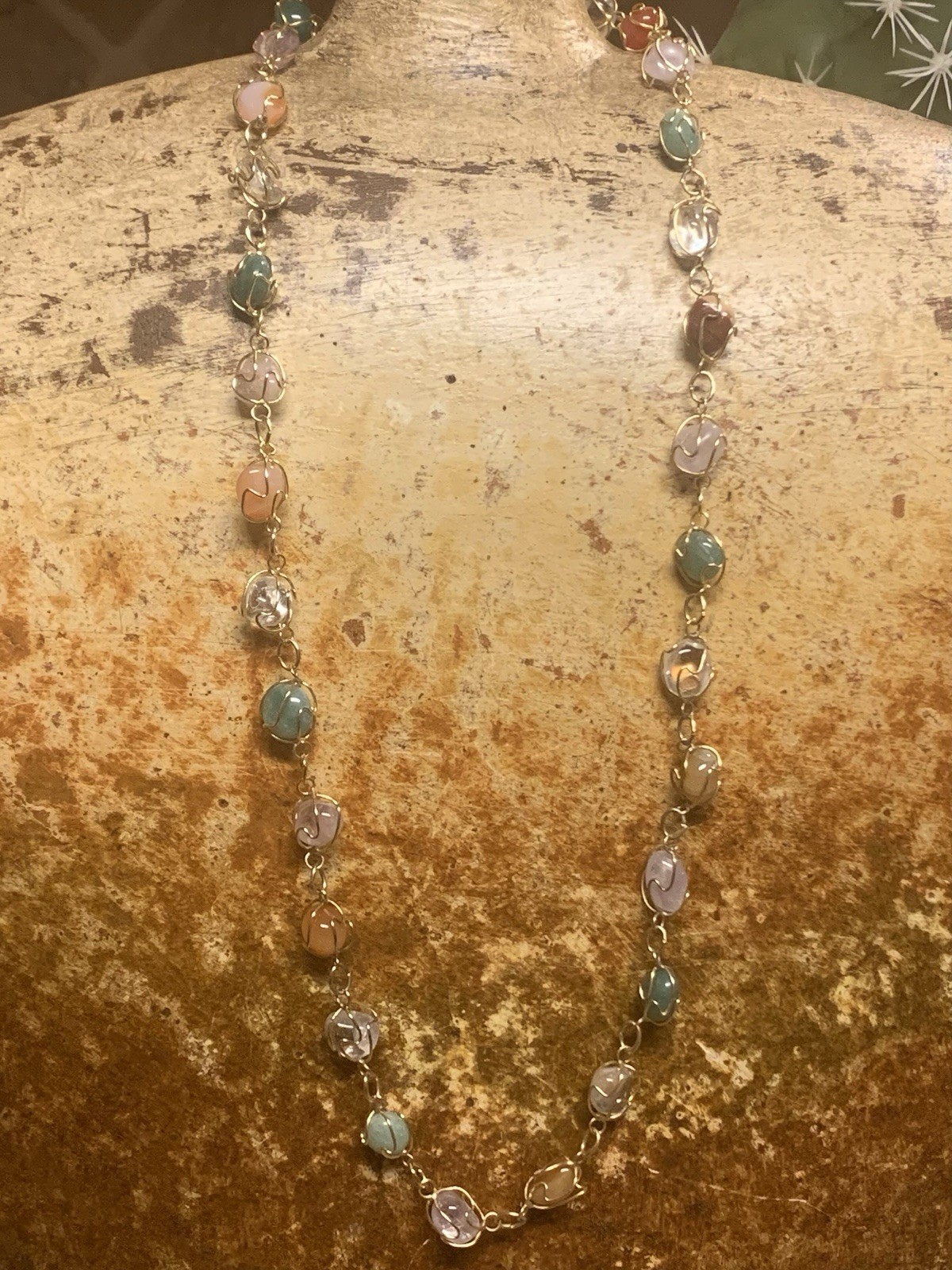 Gold & Natural Gemstone Cage Necklace 24 Inches Vintage