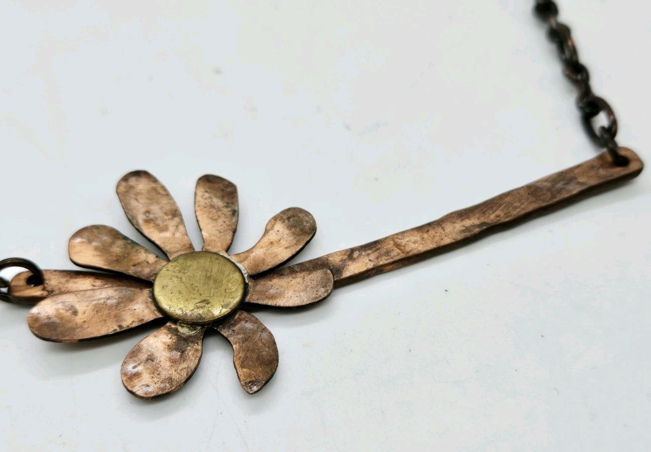 Copper Flower Necklace Beautiful Artistic Handmade Signed Jd
