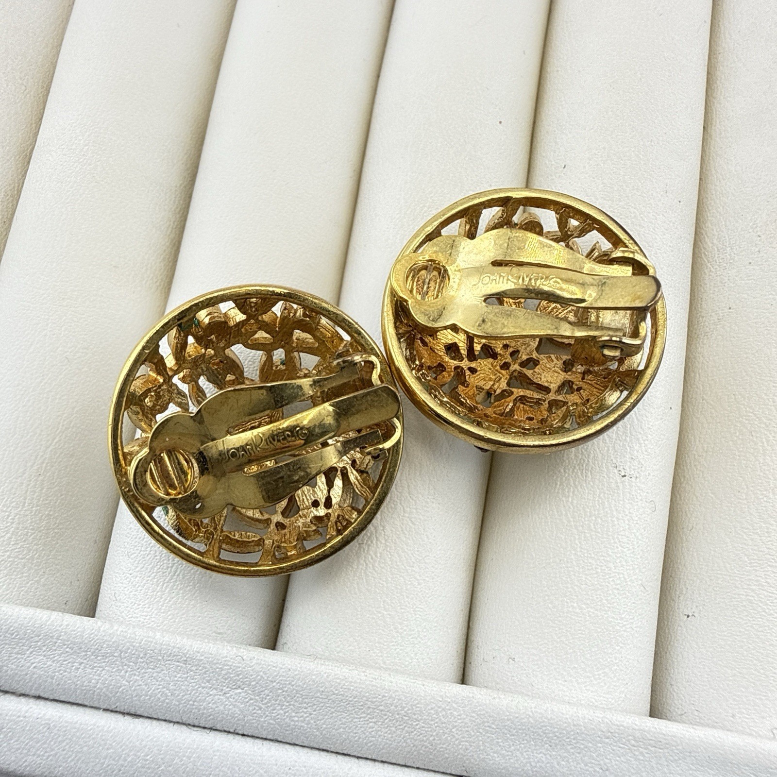 Joan Rivers Earrings Rhinestone Green Red Blue CLIP ON Enamel Jewel Gold Round