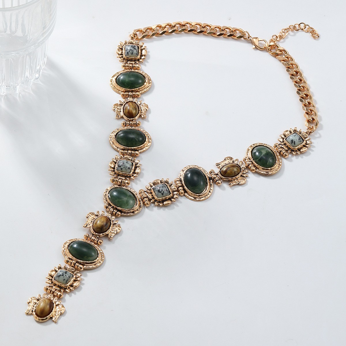 Vintage Glam Green stone Tiger Eye Choker Gold Victorian Statement Necklace gift
