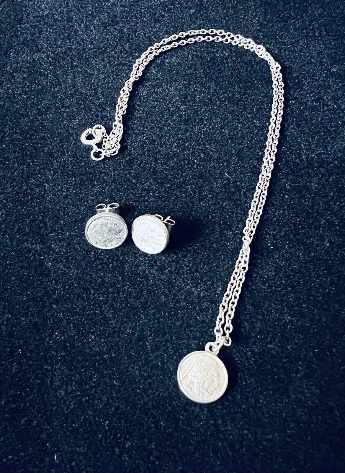 Vintage Silver Tone Buffalo Nickel Coin Necklace and Earring Set
