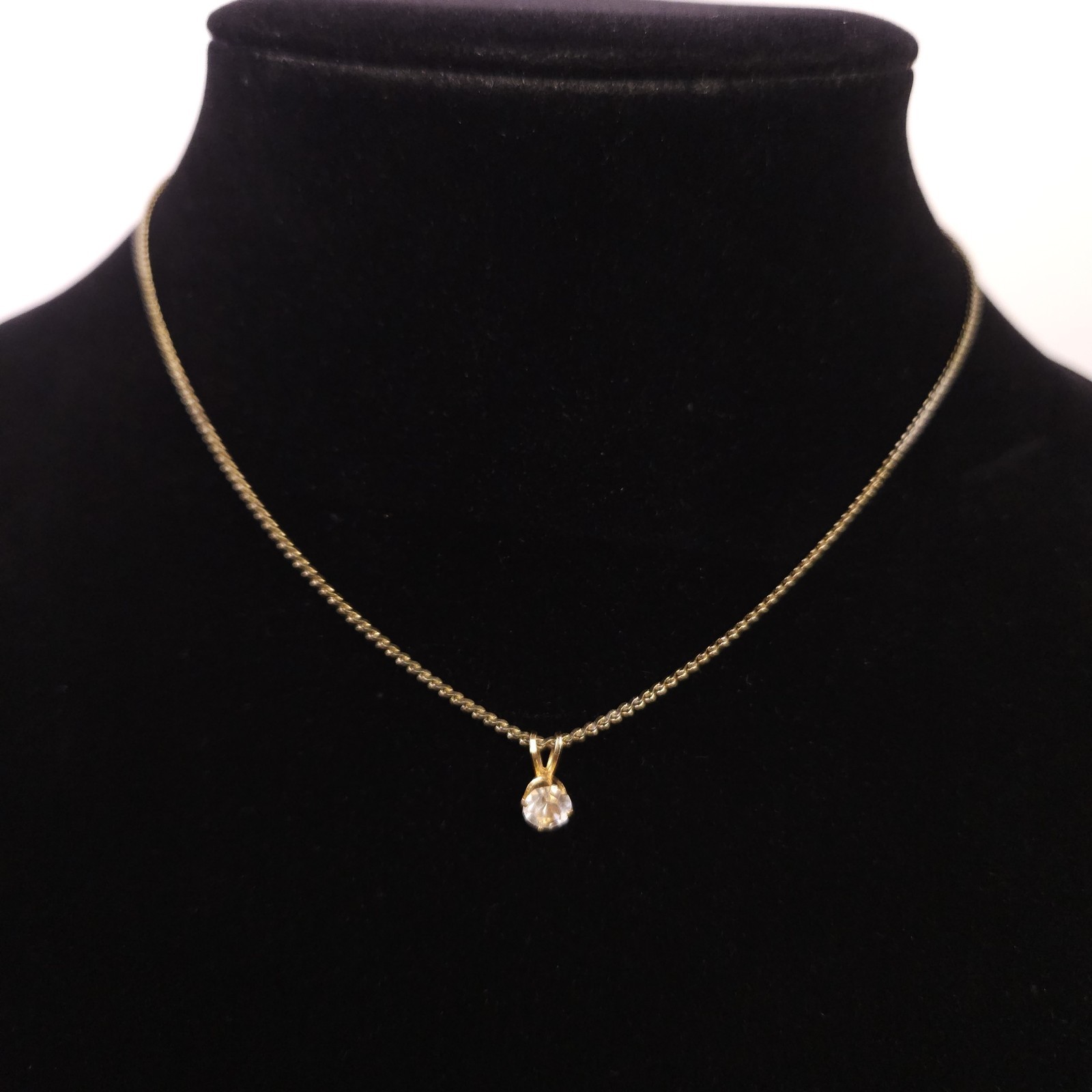 Vintage Solitaire Clear Rhinestone Pendant Gold Tone Chain 15″