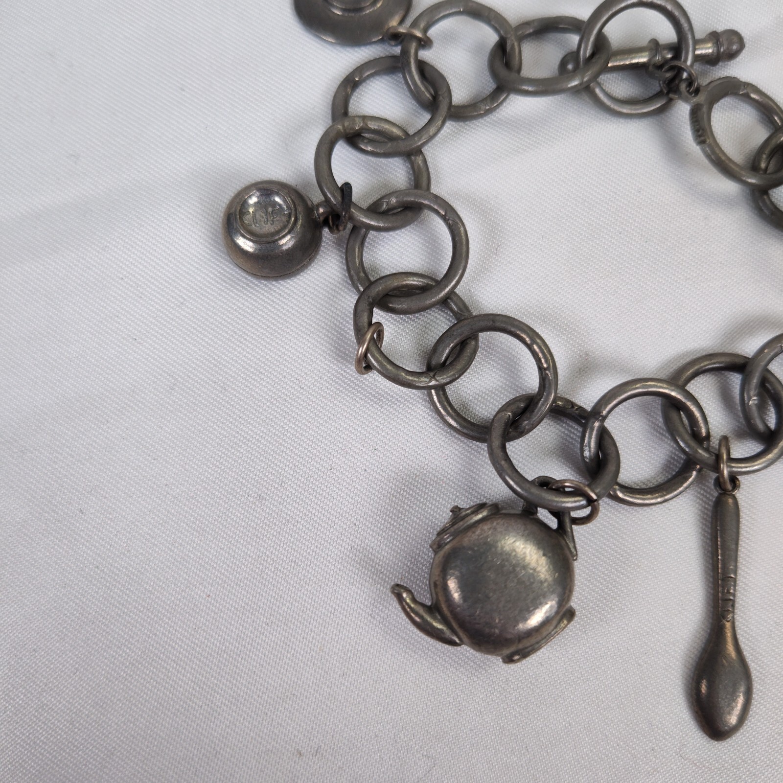 Jim Clift Pewter Tea Pot Charm Bracelet and Earrings Set Toggle Clasp