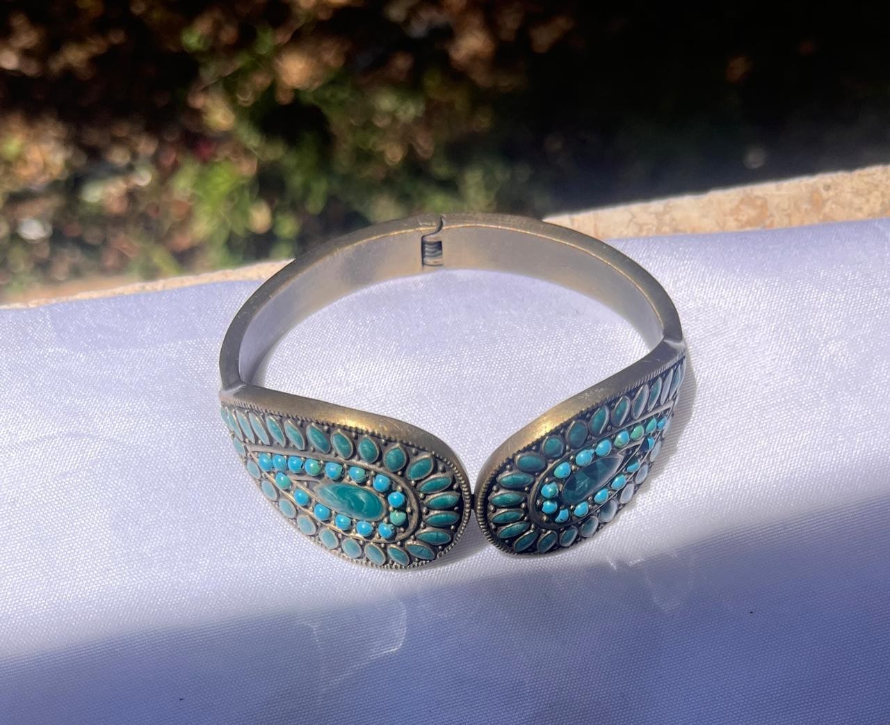 Vintage Antique Bronze Turquoise Faux Stone Statement Hinged Cuff Bracelet