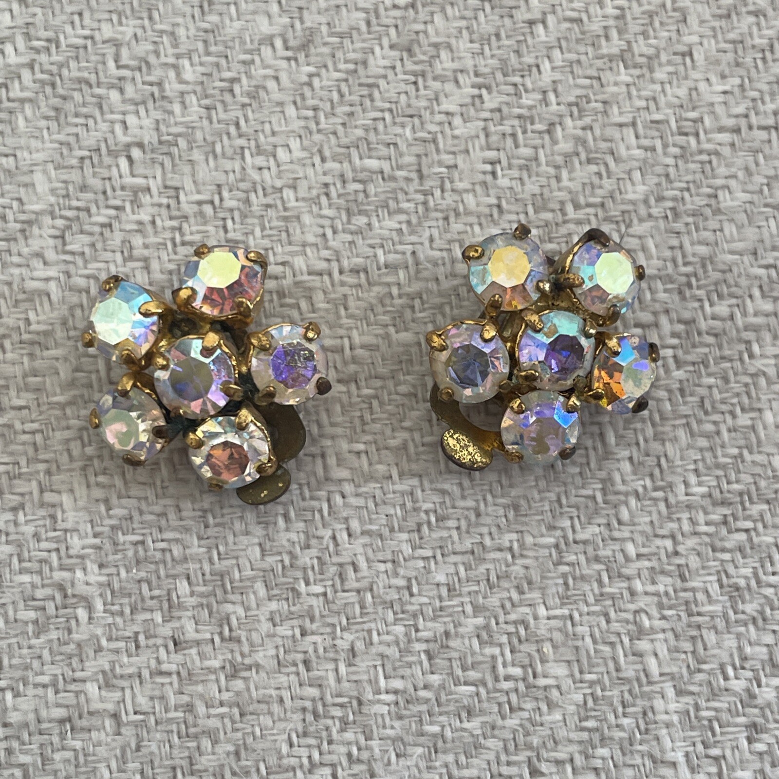 Vintage Floral Cluster Rhinestone Crystal Clip On Earrings Aurora Borealis