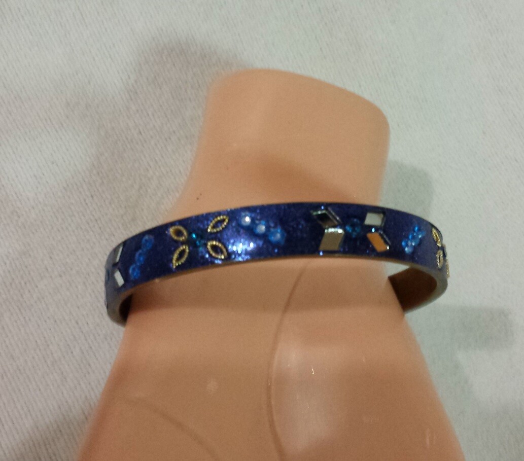 Vtg Blue Glitter Blue Stone Mirrored Bling Fashion Bracelet Womens Sz 8.25 India