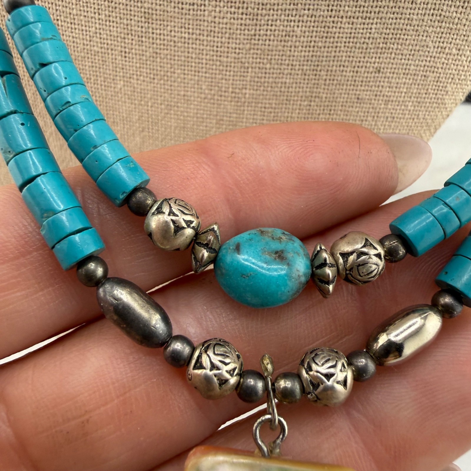 Vintage Beaded Layered Necklace Polished Stone Abalone 24”