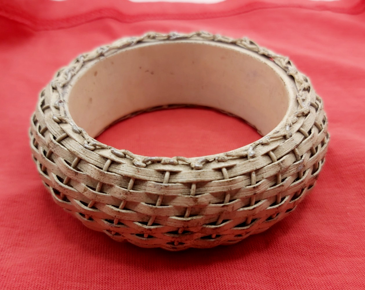 Vintage Ethnographic Woven Rattan Fiber Bangle Wire Bound Chunky Statement Brace