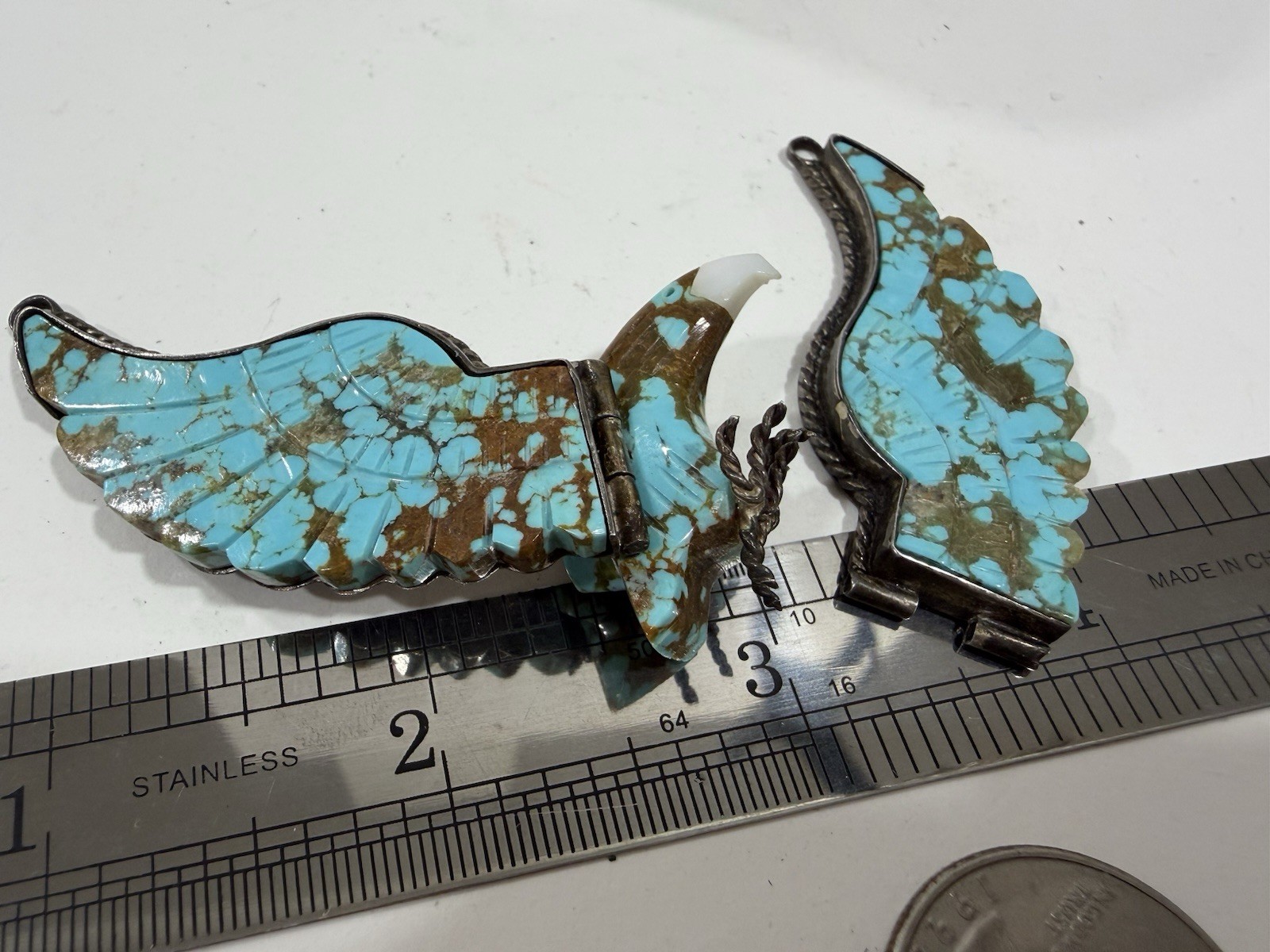 Vintage Native Navajo Carved Turquoise & Silver Large Wing Spread Eagle Pendant