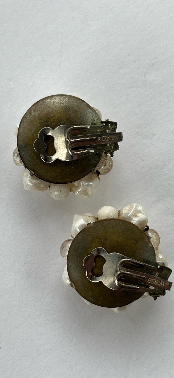 Vintage Signed Germany Baby Tooth Earrings Clip-On Lucite Off White