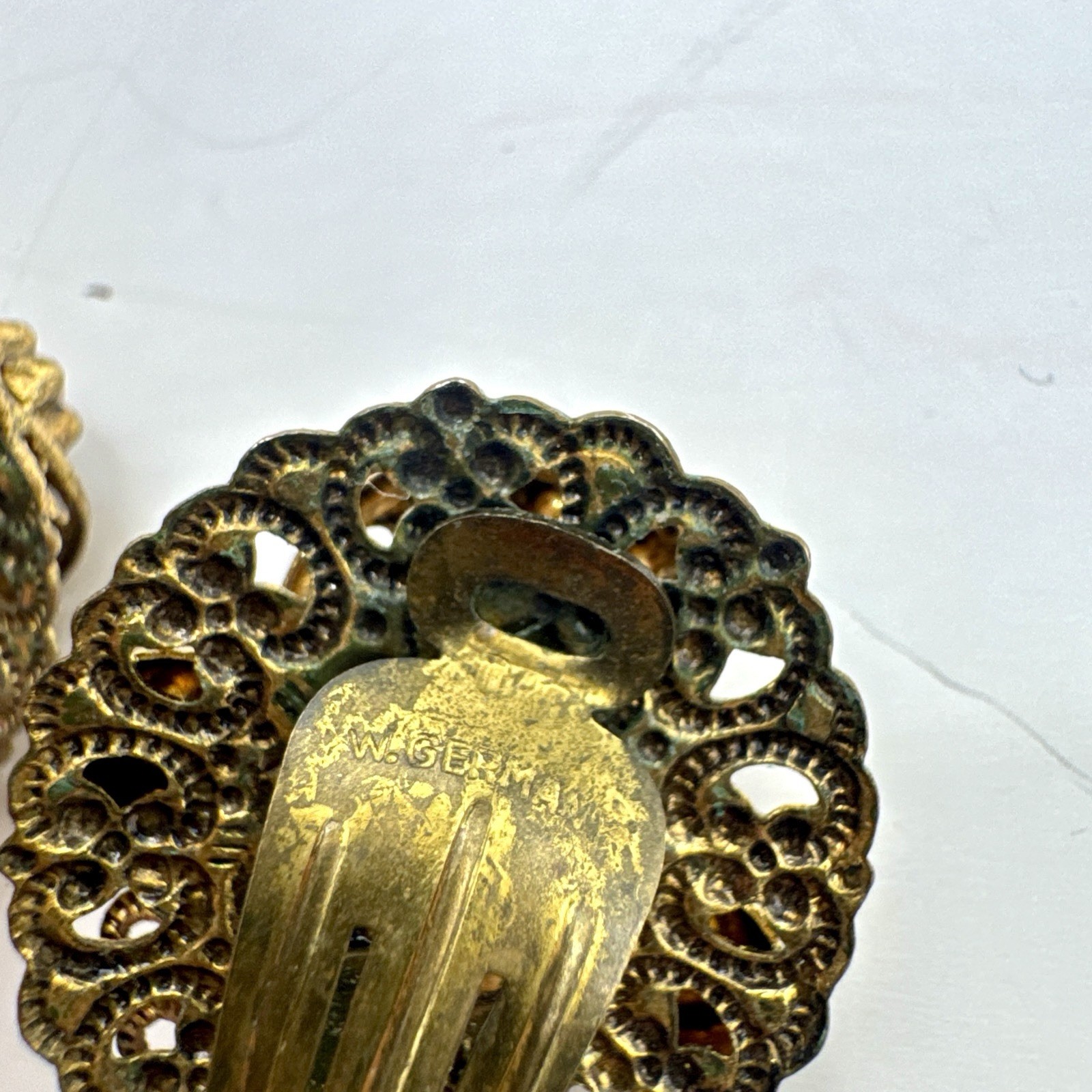 Western Germany Filigree Clip-On Earrings Brass Fuchsia Red AB Rhinestones