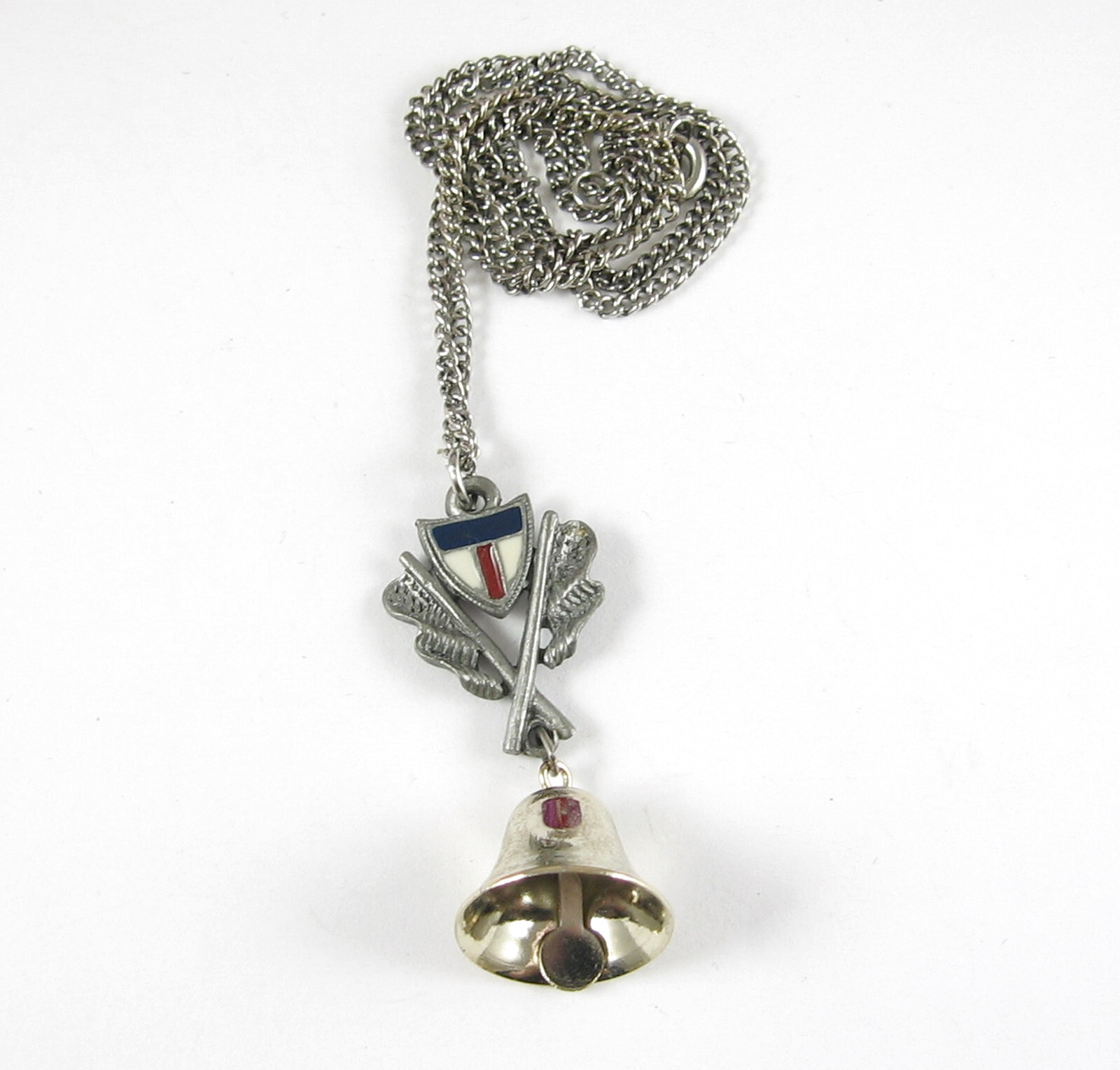 Red White Blue Enamel SHIELD Pewter Pendant Vintage Necklace Silvertone BELL ART
