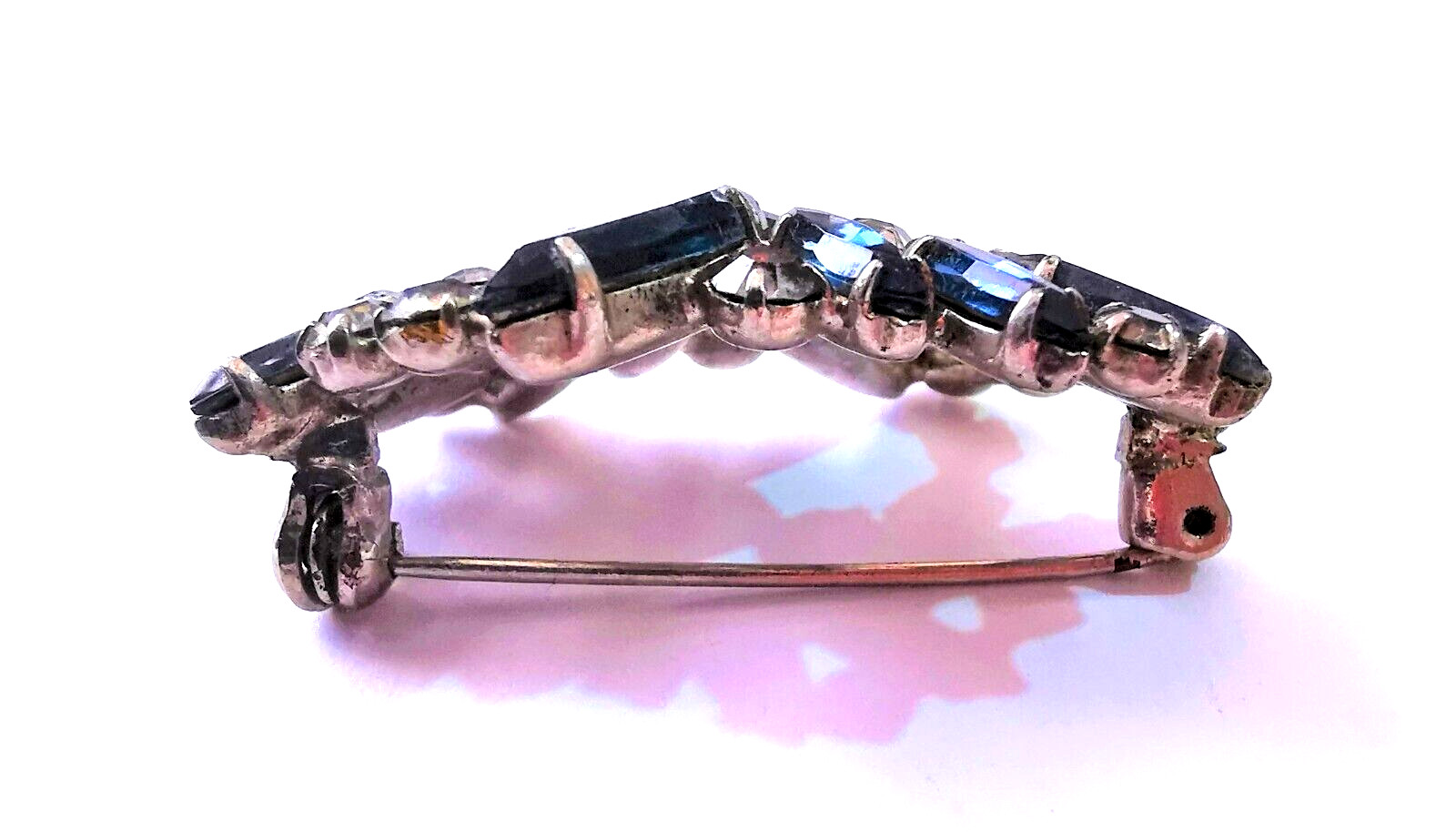 Czech Brooch Vintage Pin Rhinestone Blue Clear Glass Rhinestones Silvered Brass