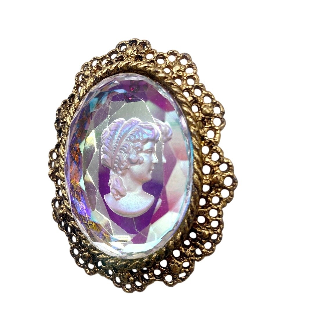 Vintage Brooch and Pendant Intaglio Glass Cameo Gold Tone Filigree Chrome 2”
