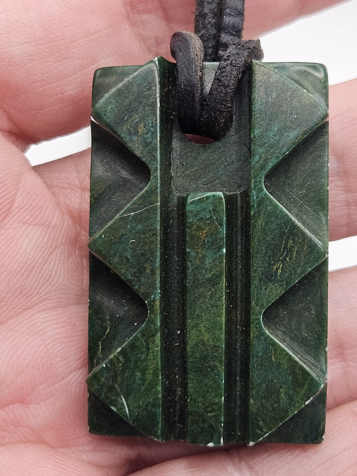 Vintage Carved Green Stone Pendant Leather Cord Necklace