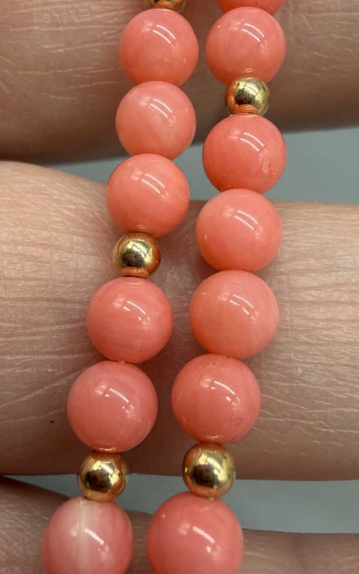 Vtg Gold Filled Natural Pink Salmon Coral Bead Beaded Necklace 21” 5mm Estate