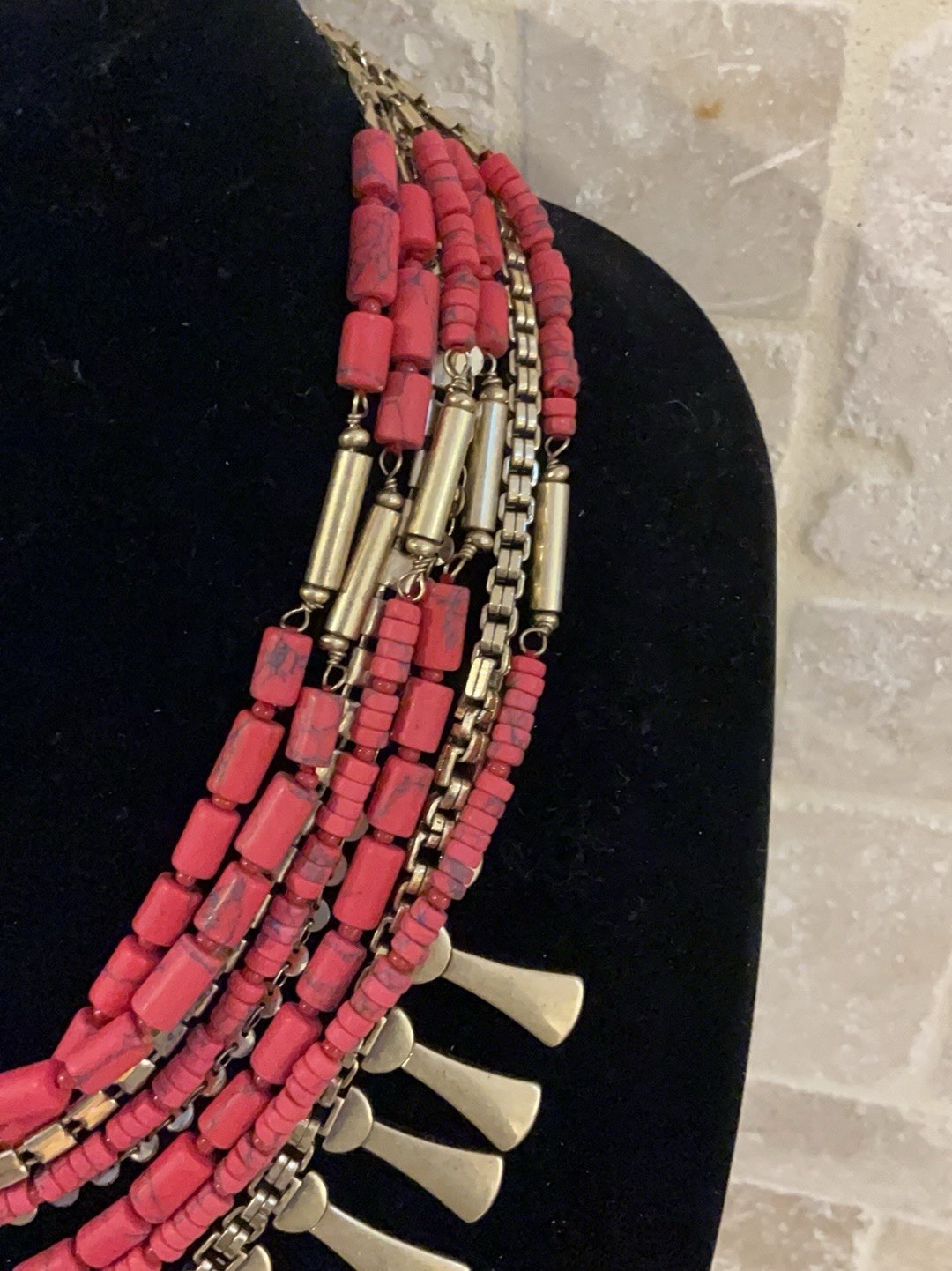 Stella & Dot Bliss Convertible Red, Antique Gold Tone Statement Necklace- GUC!