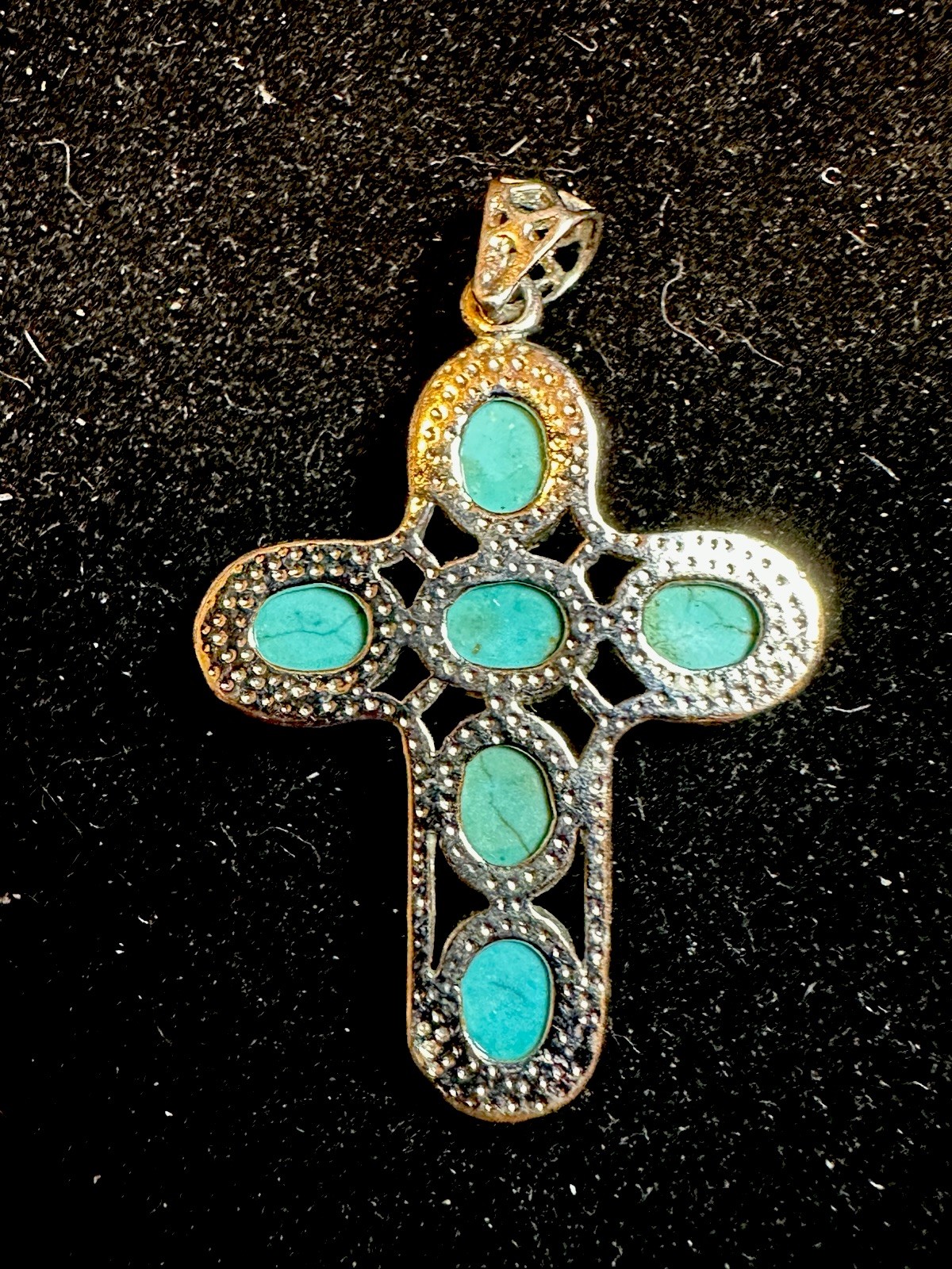 Vintage 1.5” South western style Silver Toned Faux Turquoise Cross