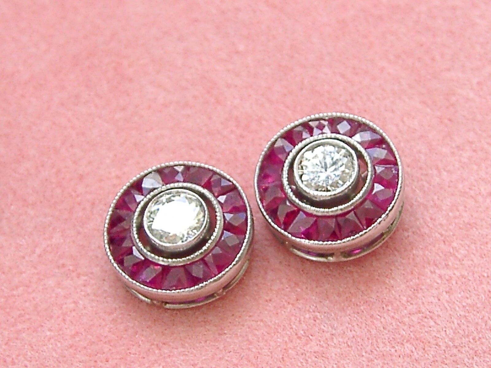 ART DECO STYLE .46ctw DIAMOND w/ RUBY HALO PLATINUM 9.5mm EVERYDAY STUD EARRINGS