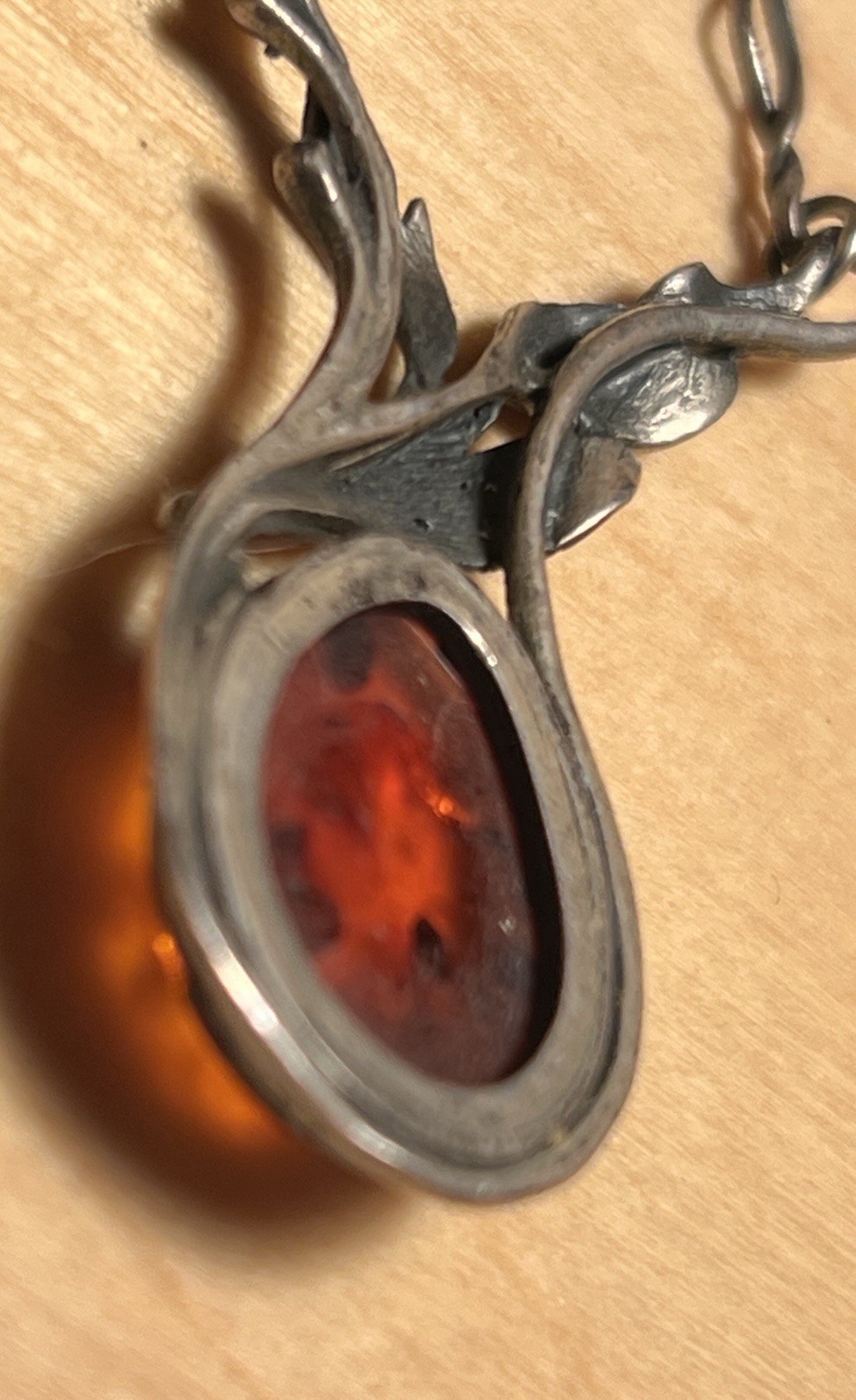 Art Nouveau Sterling Silver Twist Link Foliage Design Baltic Amber Necklace