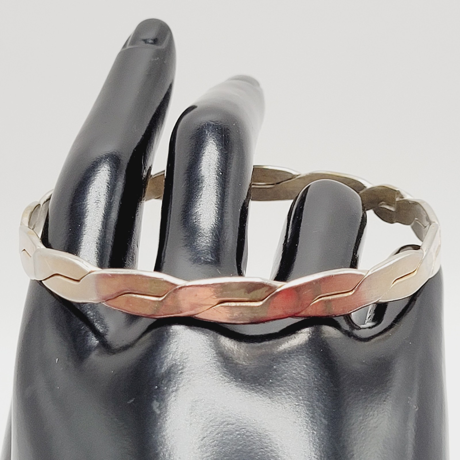 Vintage Mexico Metal Flat Braid Worn Silver Tone Brass Bangle Bracelet 8 Inch