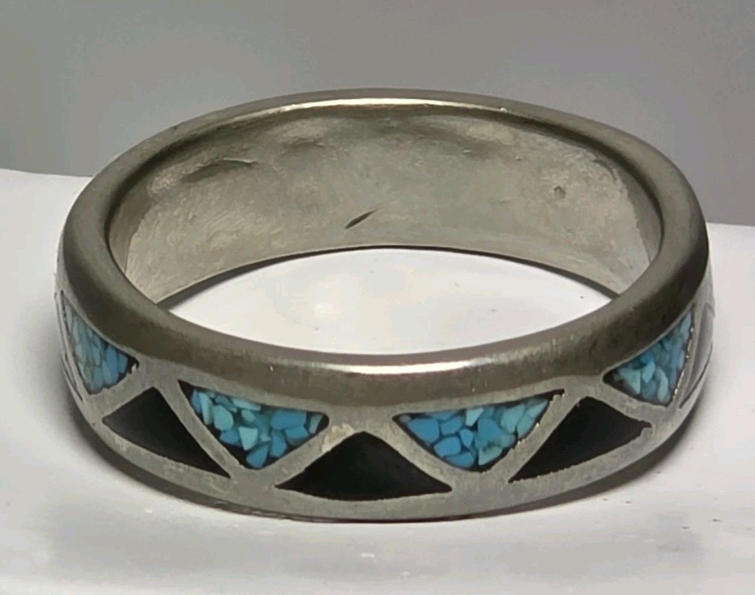 Vintage Silver-Tone Turquoise Onyx Chip Inlay Band Ring Sz 8.75 Southwest Style