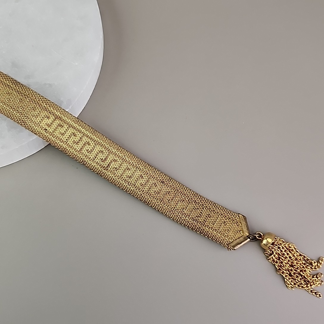 Vintage Mesh Chain Bracelet Victorian Revival Greek Key Tassel Gold Tone 7.25″