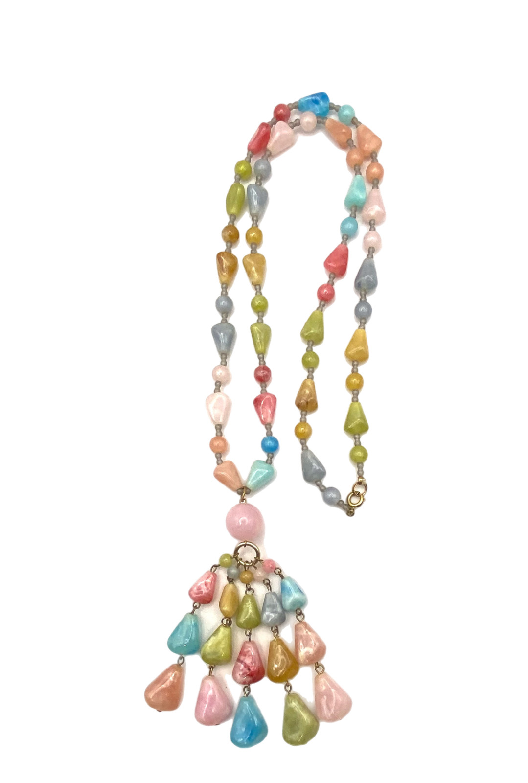 Vintage Chunky Pastel Multi-Color Beaded Tassel Pendant Necklace Plastic 30″