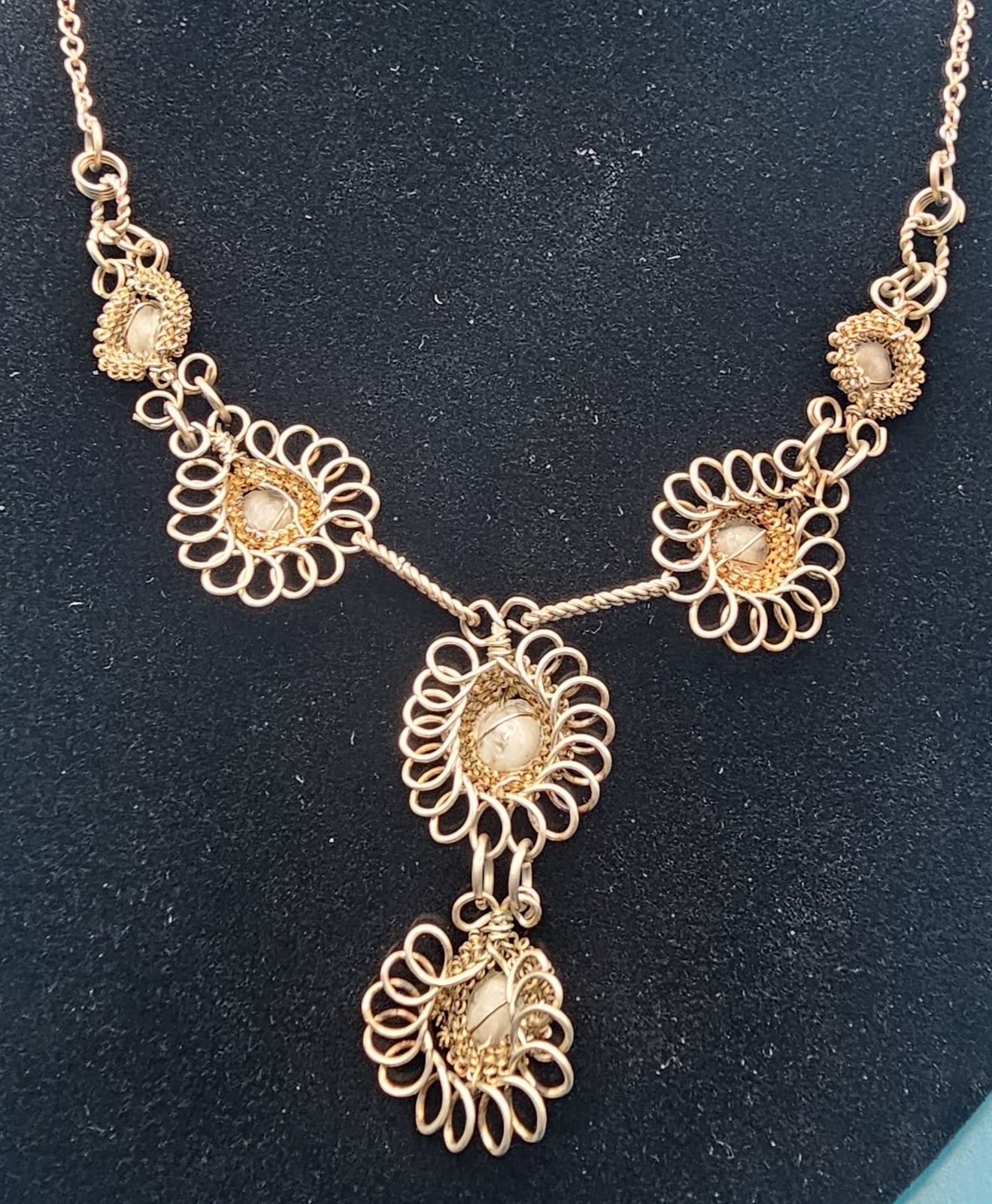 Vintage Cannetille Spun Wire Necklace Lot 2 Faux Pearl Rhinestone Original Clasp