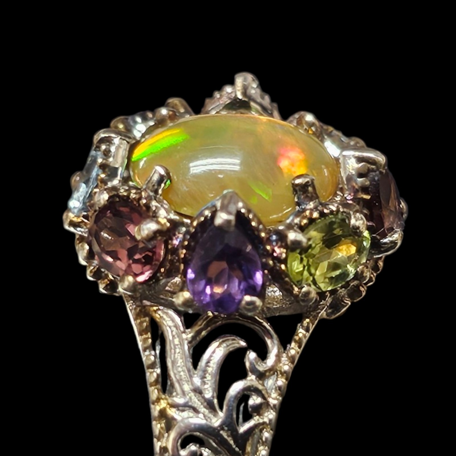 Vtg Designer STS Fire Opal Multi Gem Stone 925 Sterling Silver Ring Sz 8.5 4g