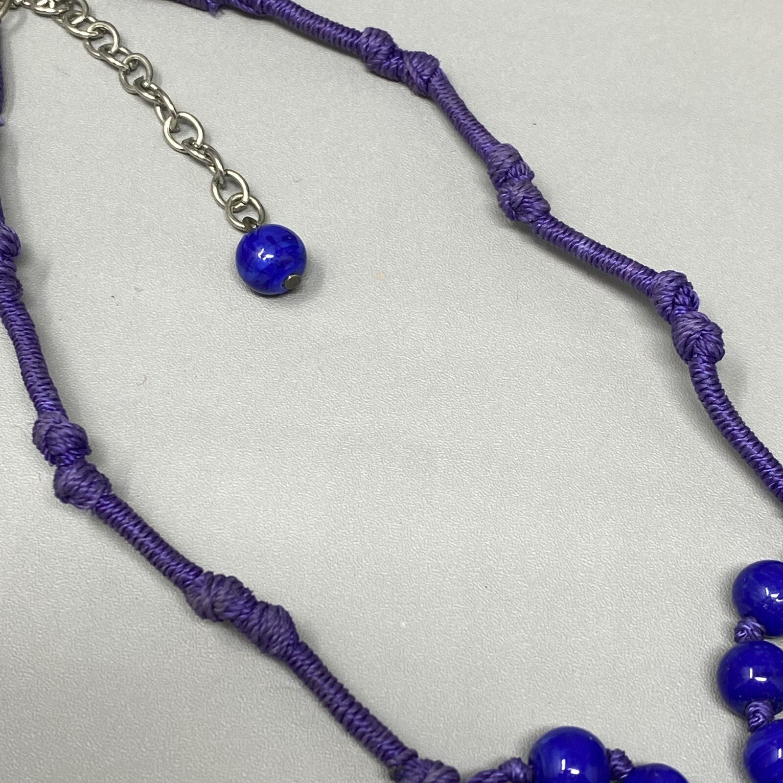 VTG Ceramic Bead Necklace Blue Marble Hand Knot Cord Chain Multi Strand Boho 21″