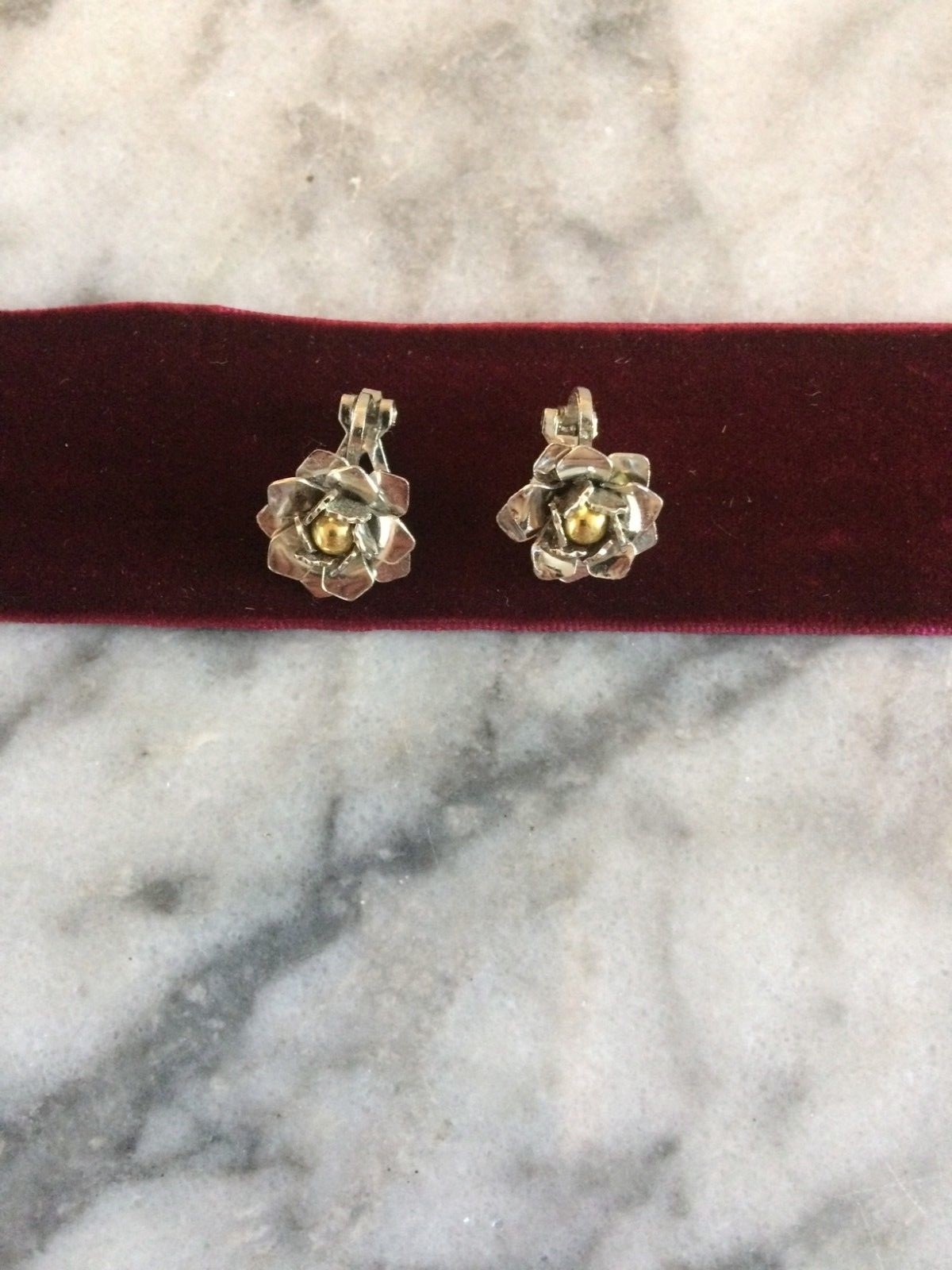 Vintage Silver Metal & Copper English Rose Floral Clip Earrings British Auction
