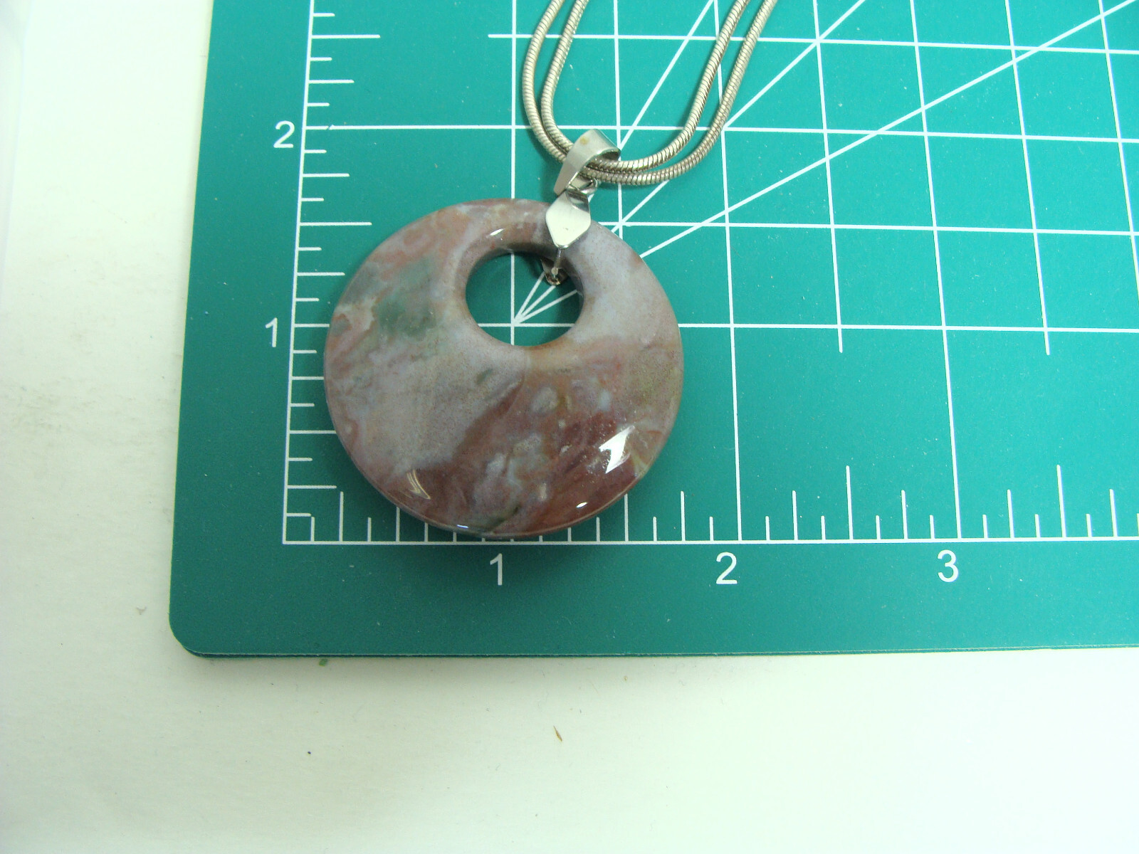 AC Double Strand Silver Tone Chain Round Disk Quartz Stone Boho Pendant Necklace