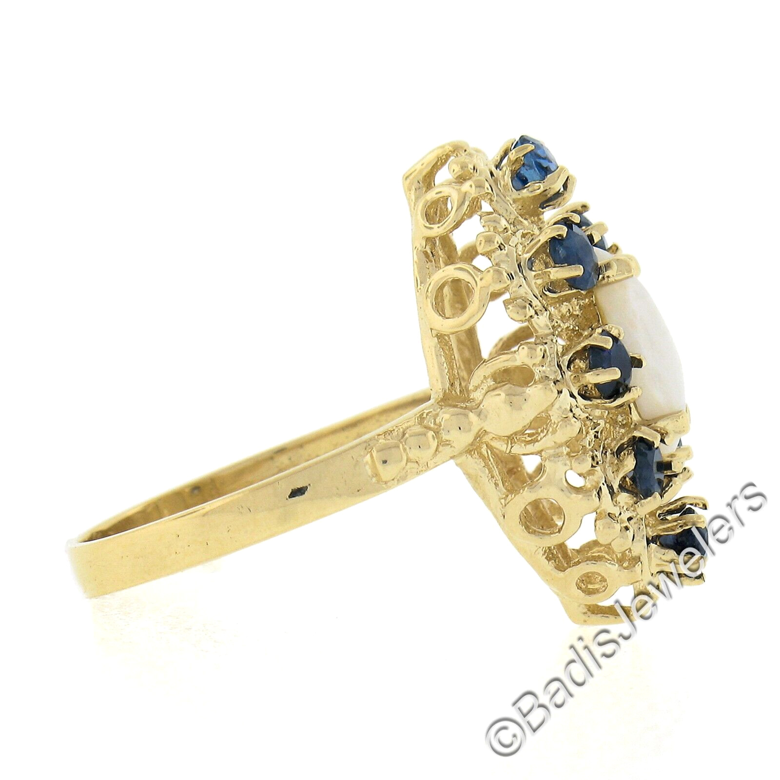 Vintage 14k Gold Marquise Cabochon Opal & .40ct Sapphire Open Textured Work Ring