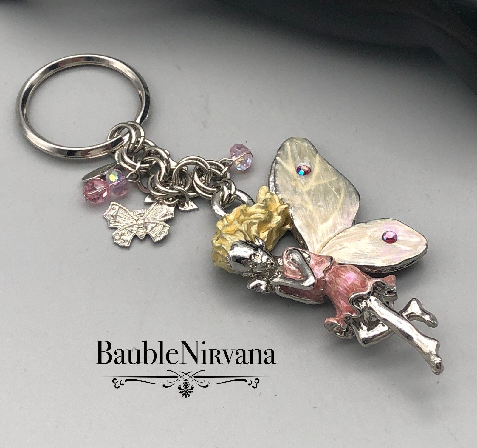 Vintage Kirks Folly Silver Plated Enamel Butterfly Fairy & Charms Key Ring Chain