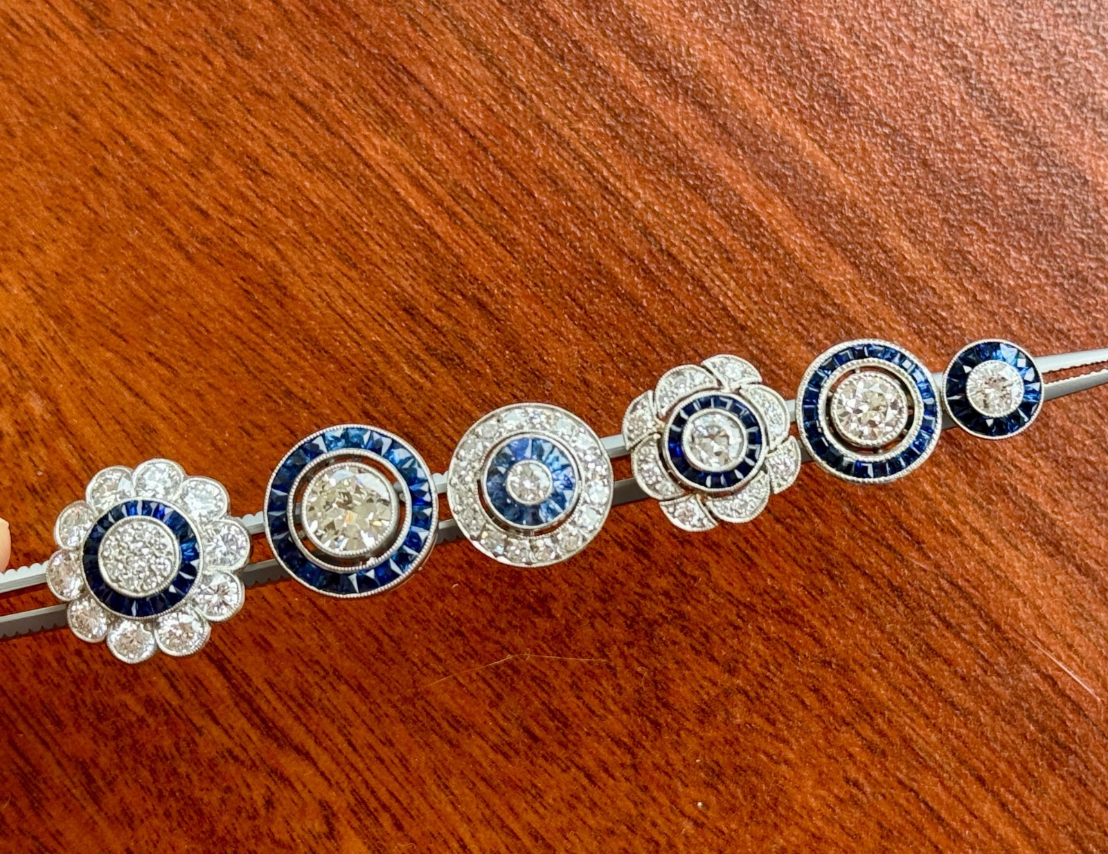 ART DECO STYLE .55 ctw DIAMOND w/ SAPPHIRE HALO PLATINUM EVERYDAY STUD EARRINGS