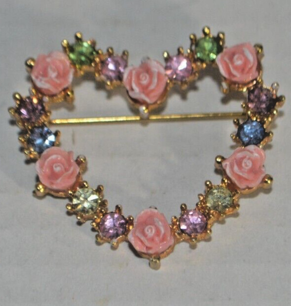 Avon Roses and Rhinestones Heart Brooch Pin with Safety Clasp