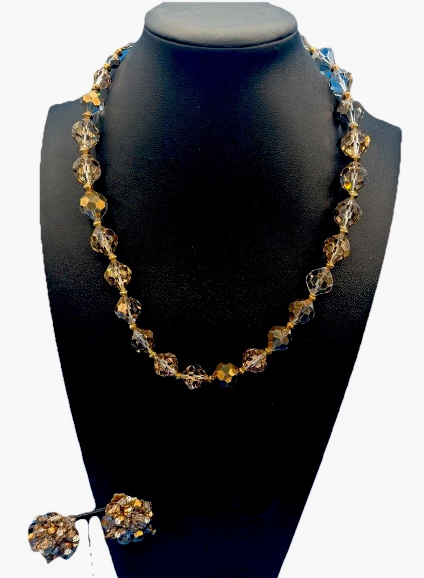 Vintage Faceted Glass Bead Necklace & Clip Earrings Set – Elegant Retro Jewelry