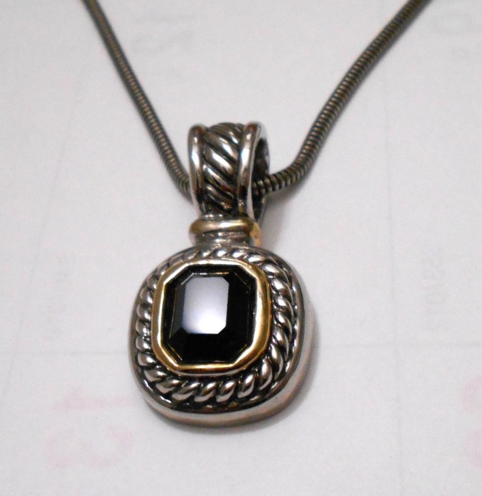 Vintage Black Onyx Silver Tone Slider Pendant Necklace 18″