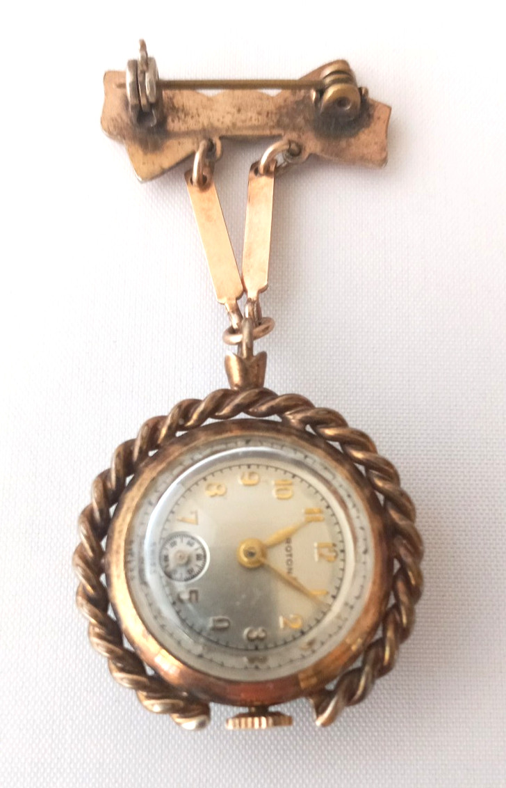 Vtg. CROTON Deco Enamel Guilloche Bow Pin Brooch Manual Swiss Watch