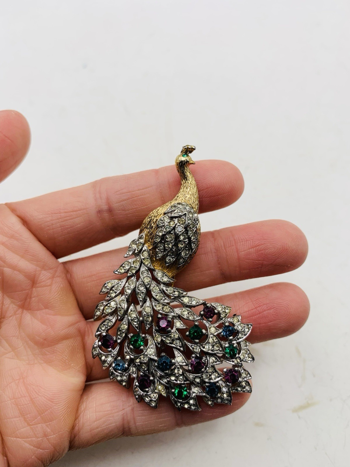 Vintage Signed Panetta Peacock Bird Crystal Gold Tone Blue Purple Green Brooch