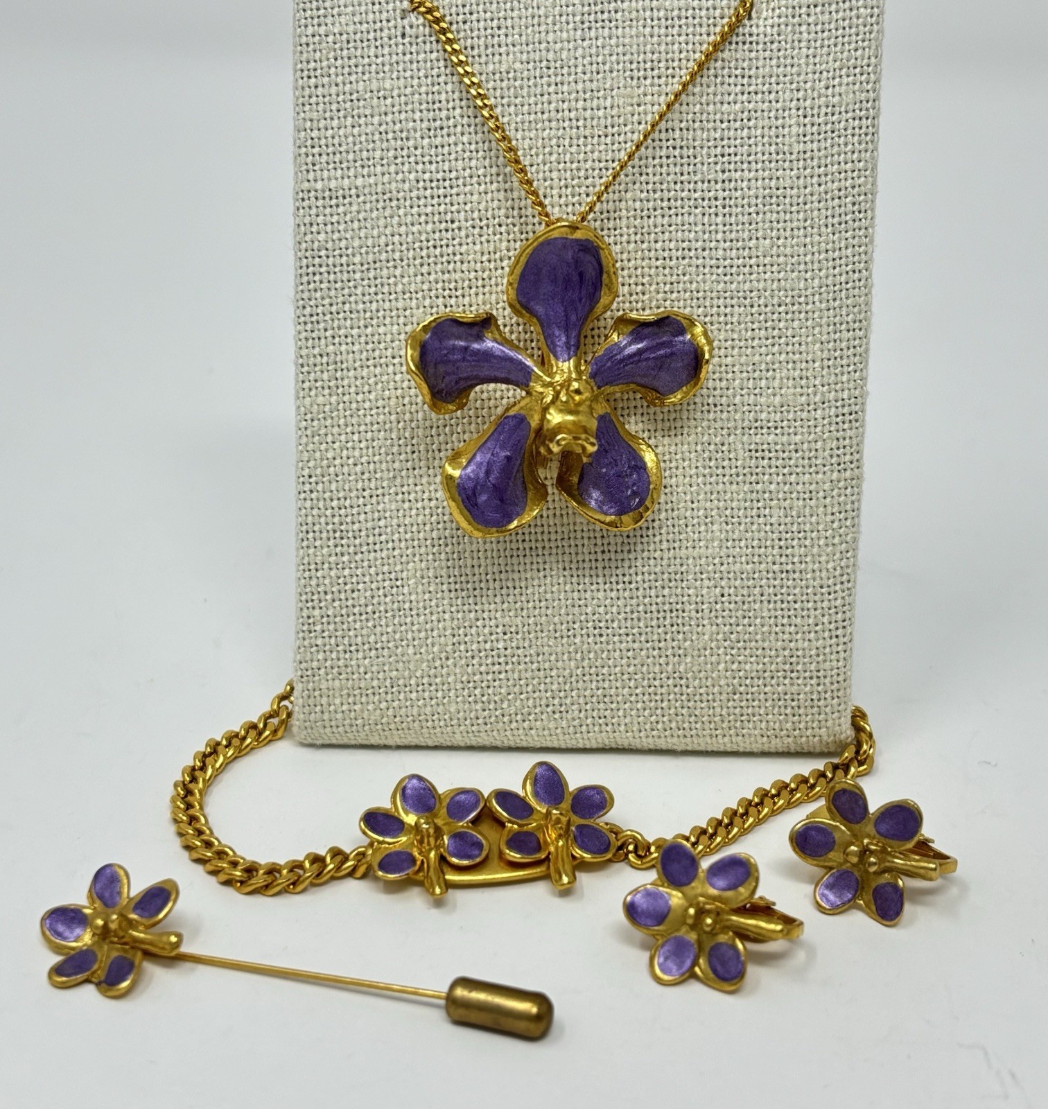 Purple Enamel Orchid Jewelry Necklace Set Pendant Bracelet Earring Pin Vintage