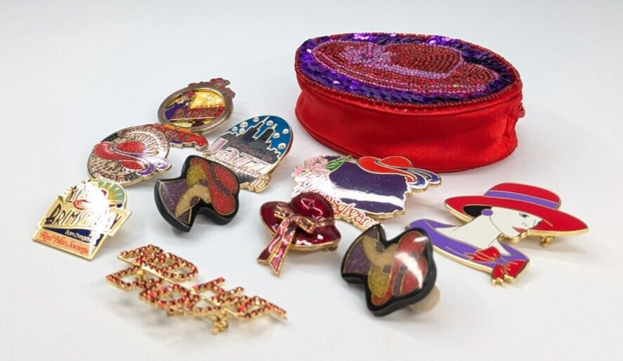 VTG Lot of Red Hat Society Assortment of 10 Brooch Pins Earrings Zipper Pouch