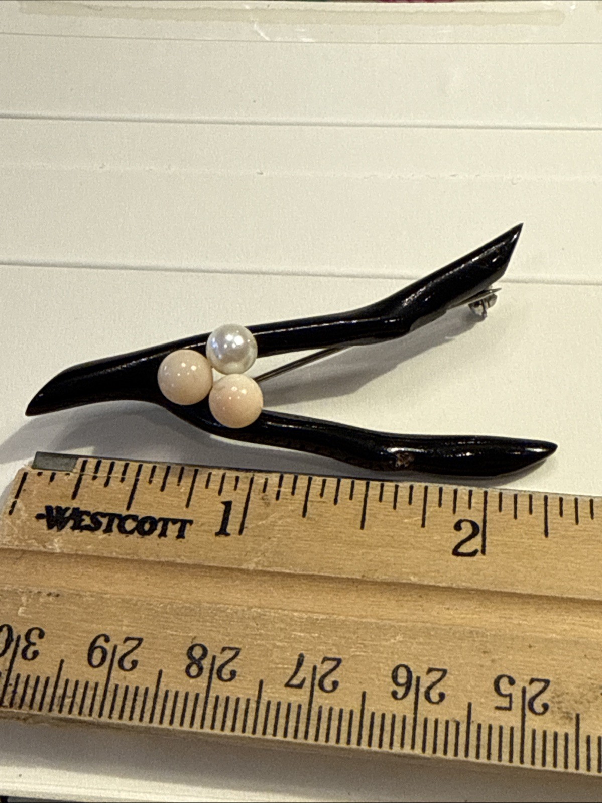 Natural BLACK BRANCH CORAL Brooch Pin with White Pearl & Coral 2.5″