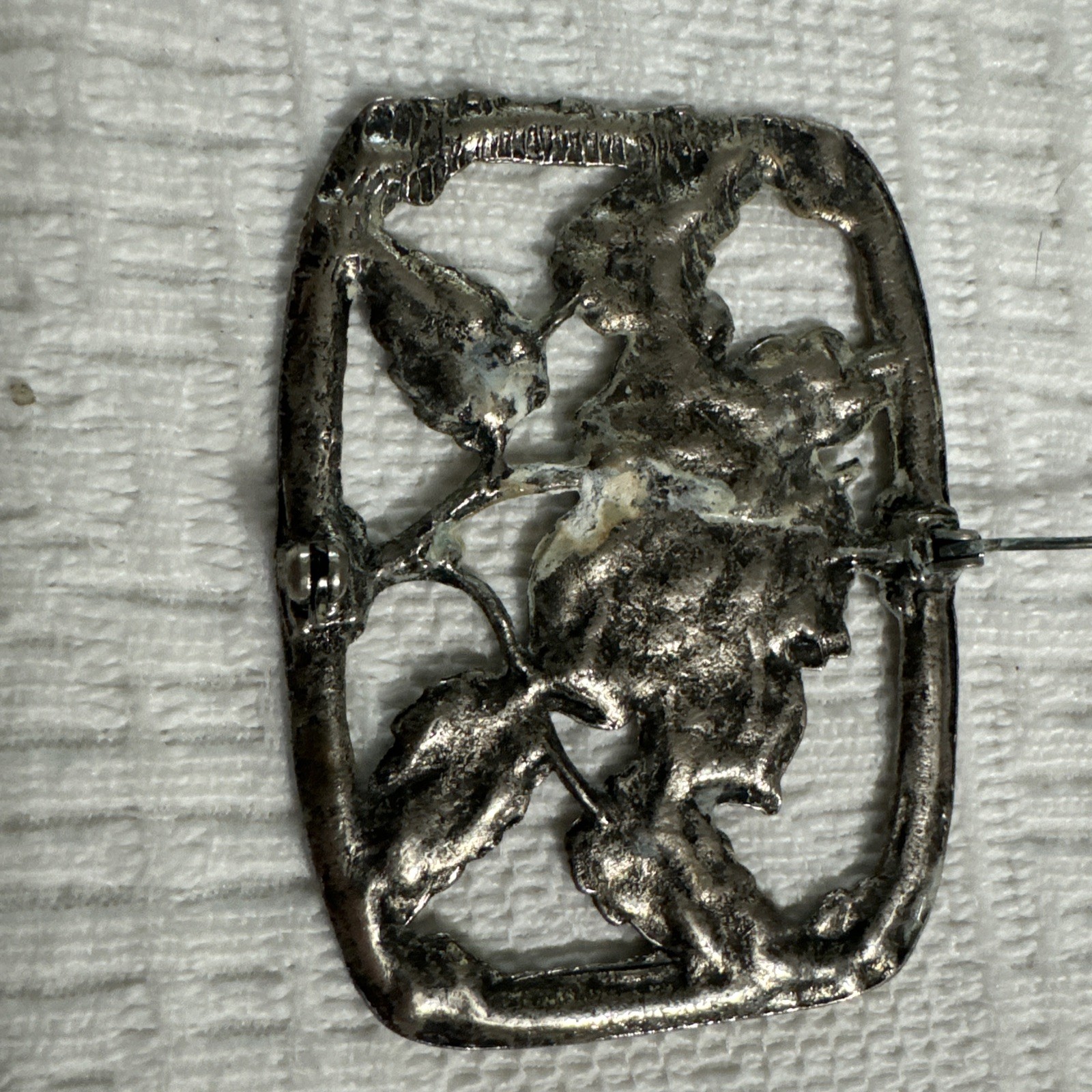 ANTIQUE FILIGREE SILVER RECTANGLE ELEGANT ART DECO ROSE BROOCH 2.5×2”