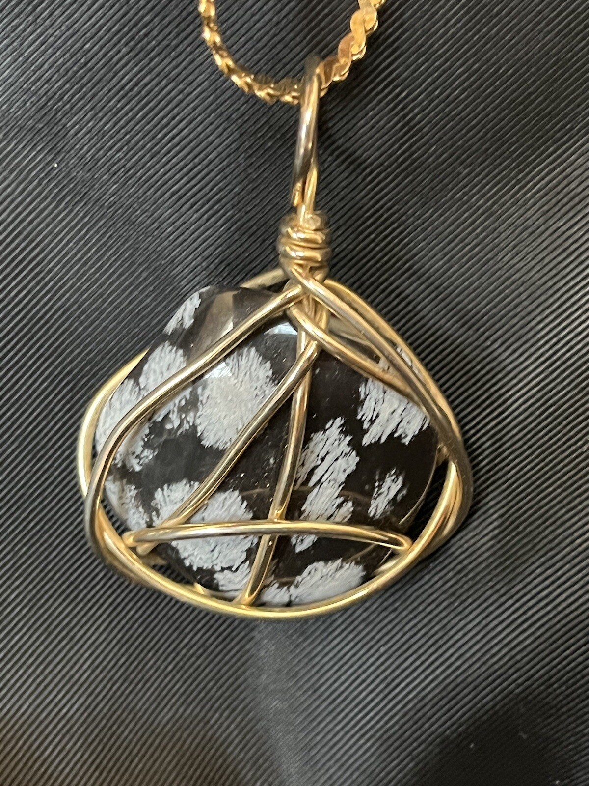 Vintage Polished Snowflake Obsidian Pendant Necklace Wire Wrapped Obsidian Stone